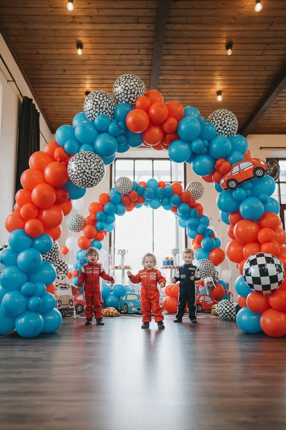 Cars party decoration inspiration — build a diy balloon arch in race car colors as the statement focal point