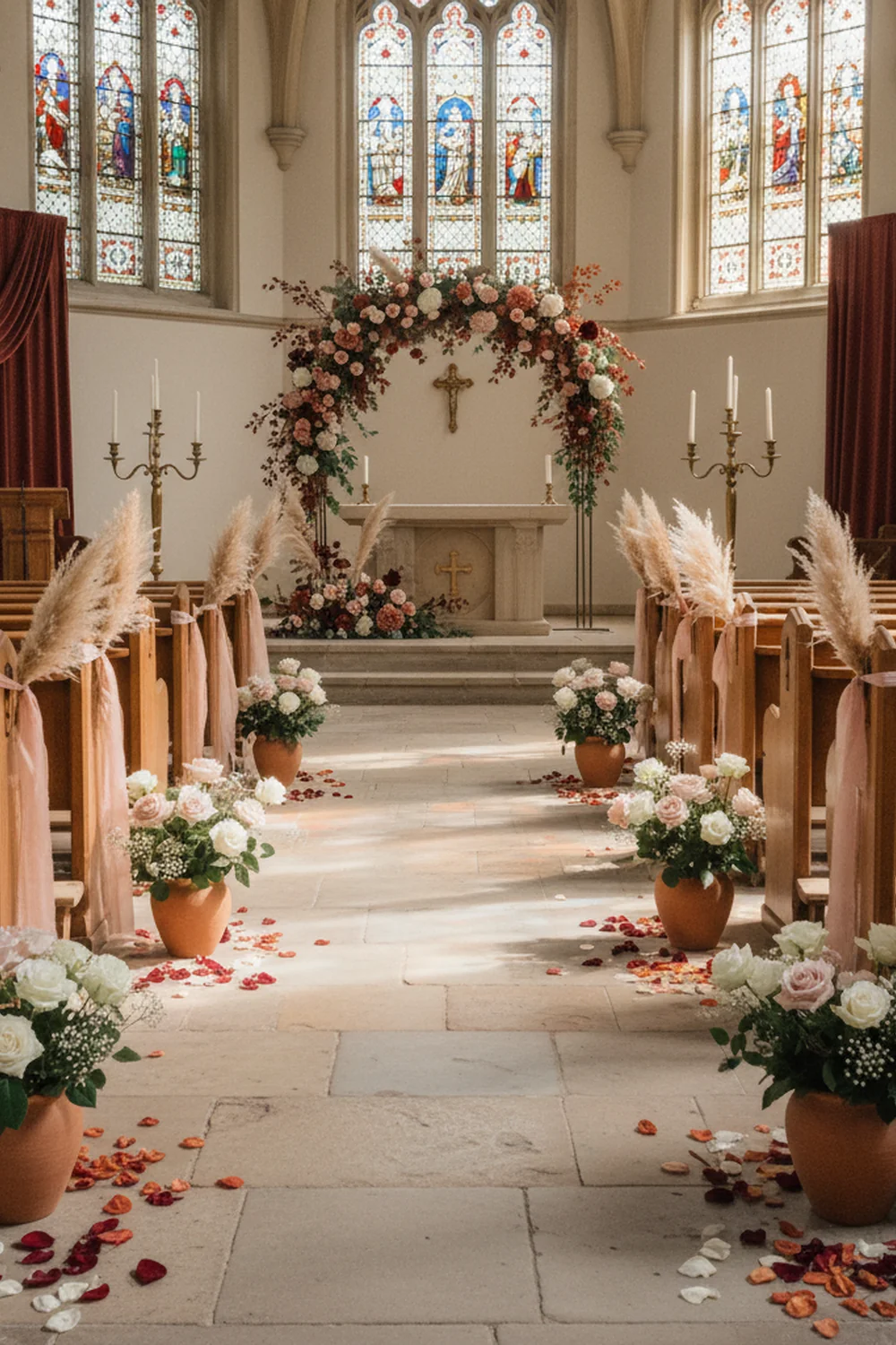 church wedding decoration ideas — choose a timeless color palette that complements the church interior