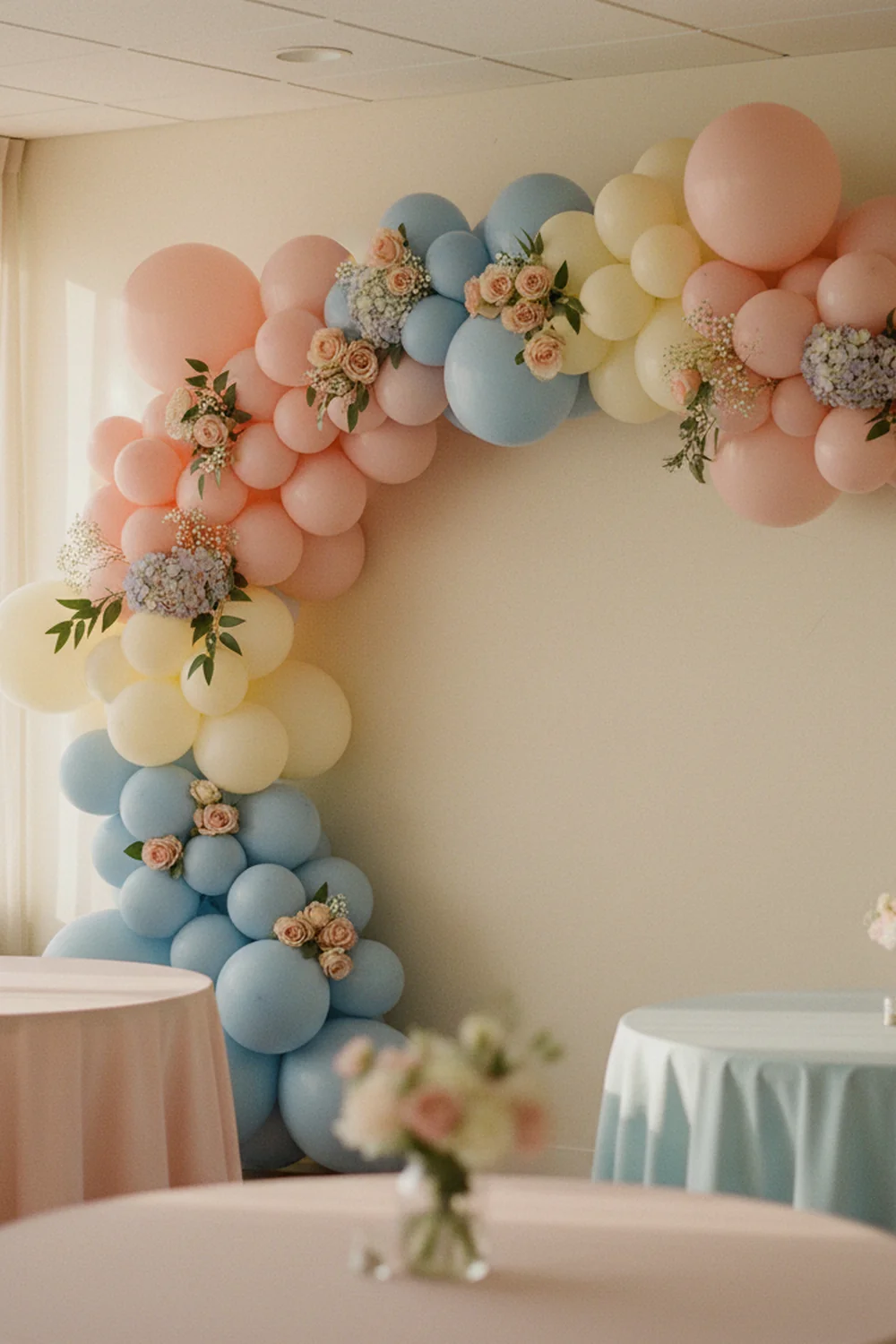 DIY girl baby shower decorations — build a floral balloon garland backdrop in coordinated pastel colors