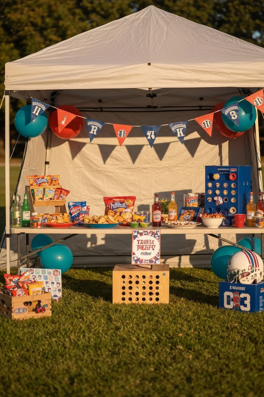 tailgate party decoration tips — anchor your entire setup with a team-colored tent or canopy