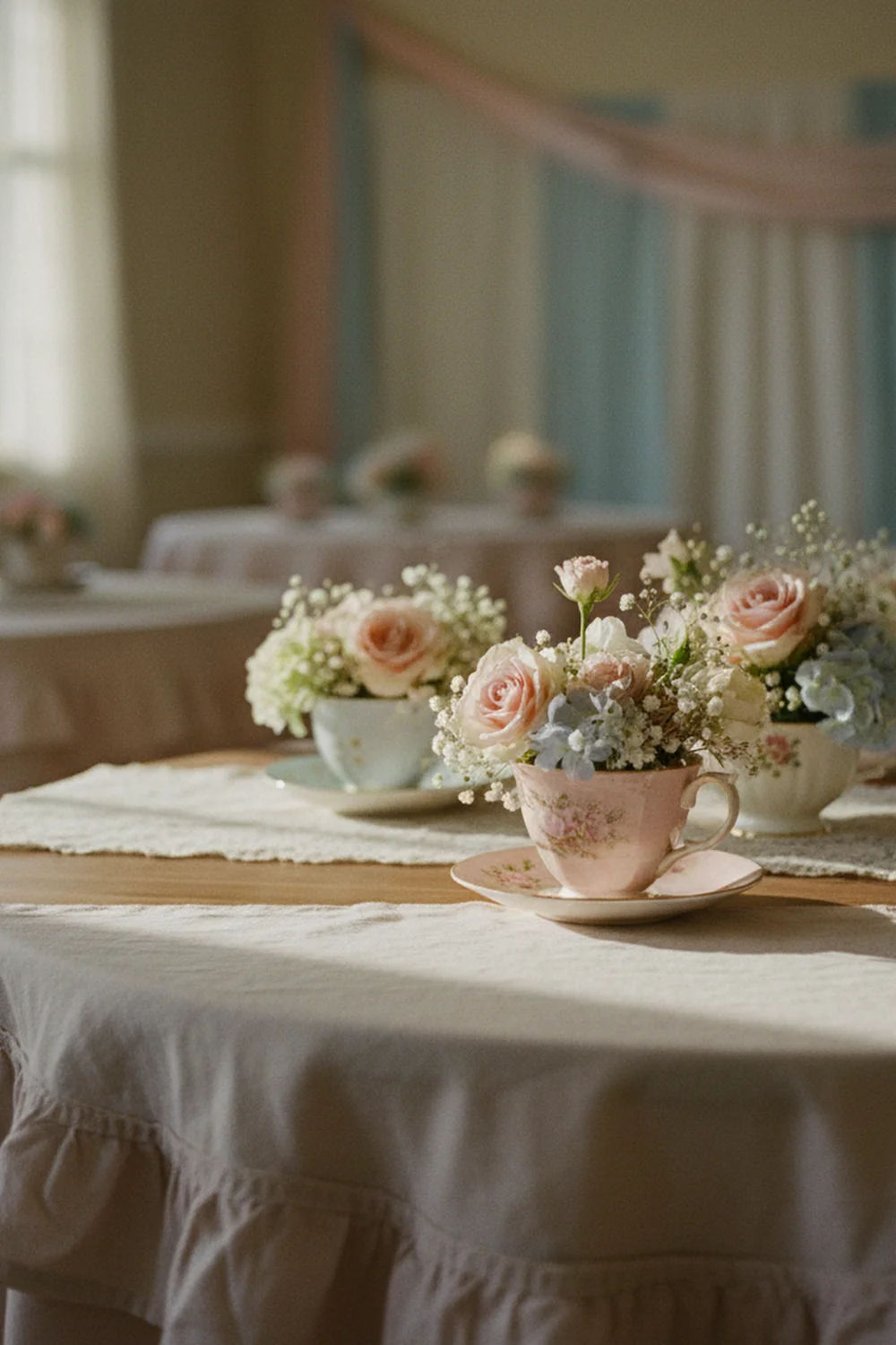 vintage shabby chic baby shower — arrange antique teacups as miniature floral centerpieces