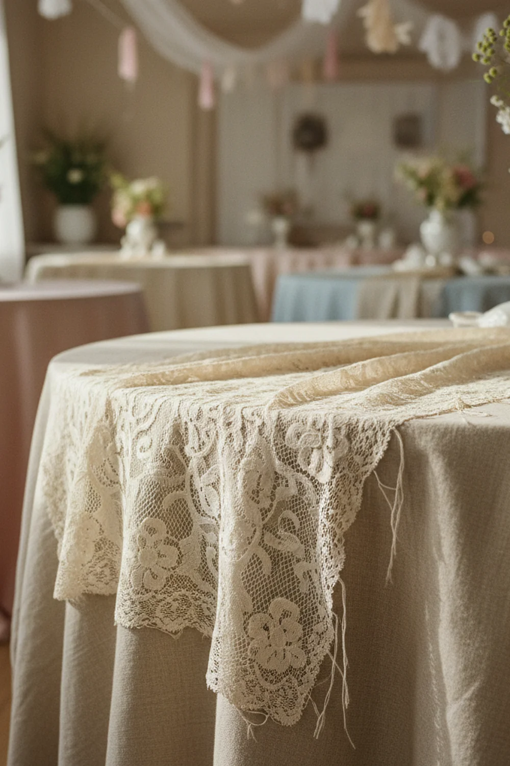vintage shabby chic baby shower — layer a lace table runner over linen for an instant vintage tablescape