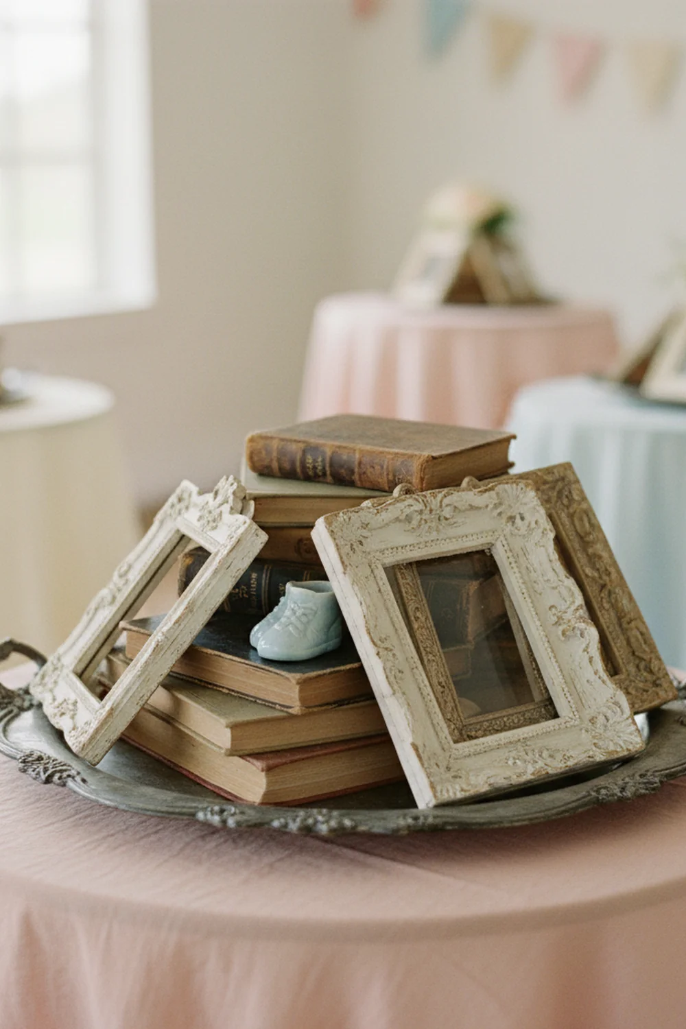 vintage shabby chic baby shower — use old books, antique trays, and decorative frames as prop decor