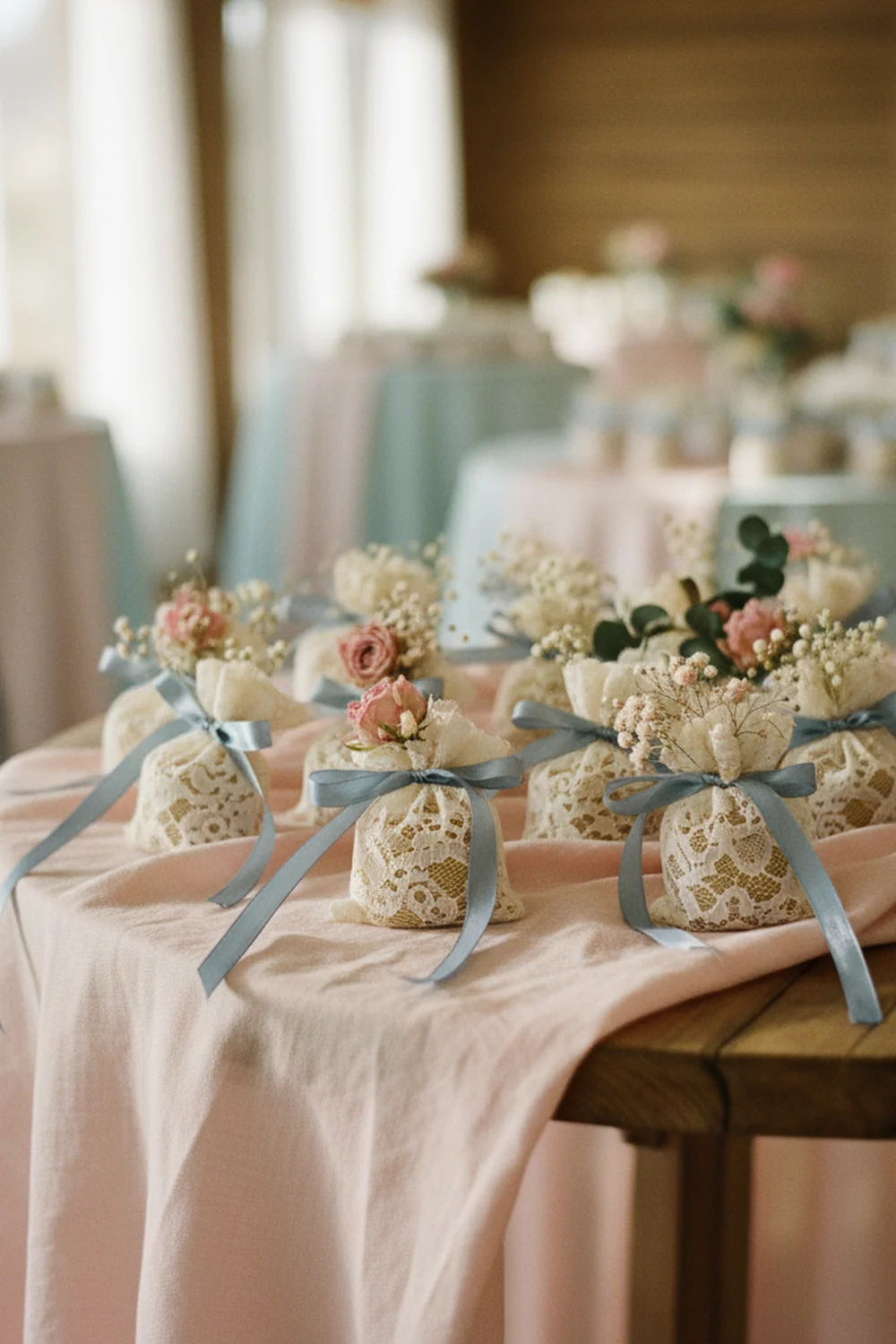 vintage shabby chic baby shower — wrap party favors in lace with mini candles or small floral bouquets