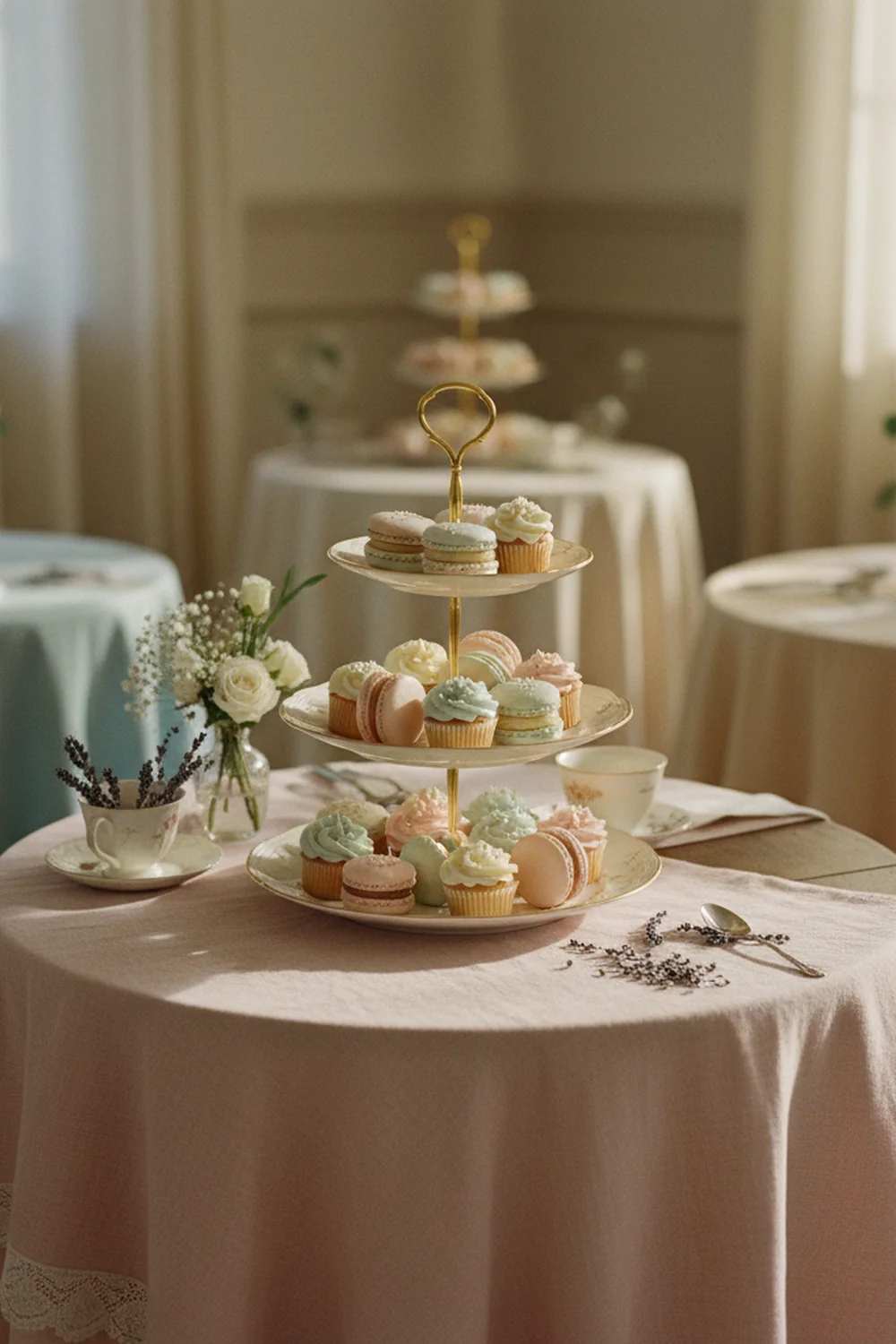 vintage shabby chic baby shower — style a tiered porcelain dessert stand with macarons and pastel cupcakes